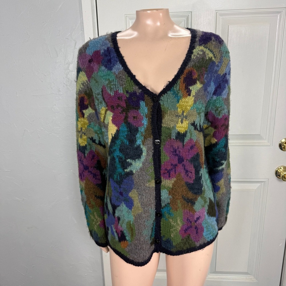 Peruvian Connection Floral Womens Sweater M Alpaca Cardigan Button V-neck L/S S2